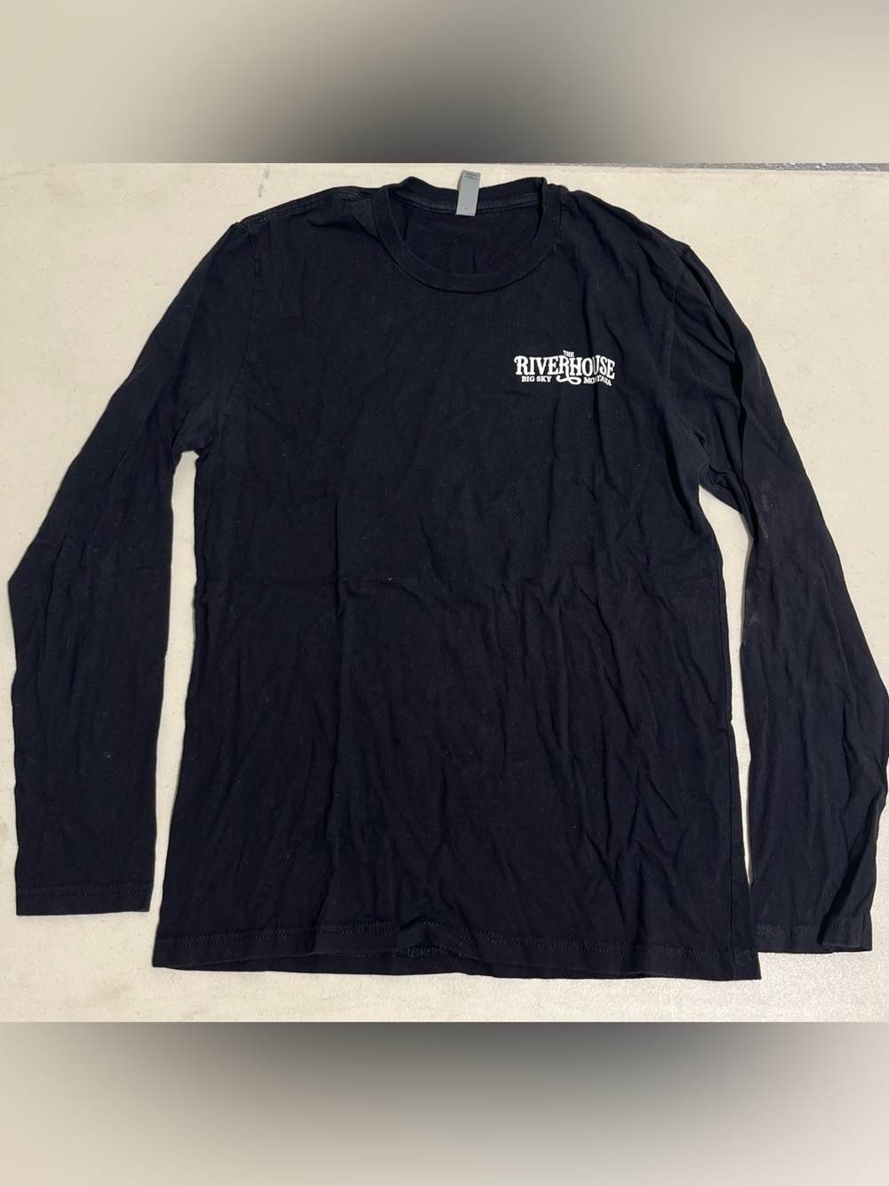 Next Level Apparel Black Long Sleeve Tee with White Riverhouse Logo